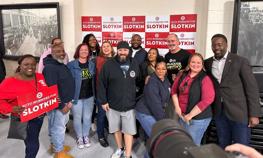 MI Rep. Elissa Slotkin with UAW President Shawn Fain and members at a rally